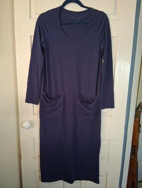 Pact Organic Cotton Long Sleeve Pocket Maxi Dress w/ Side Slit in Dark Blue Sz M